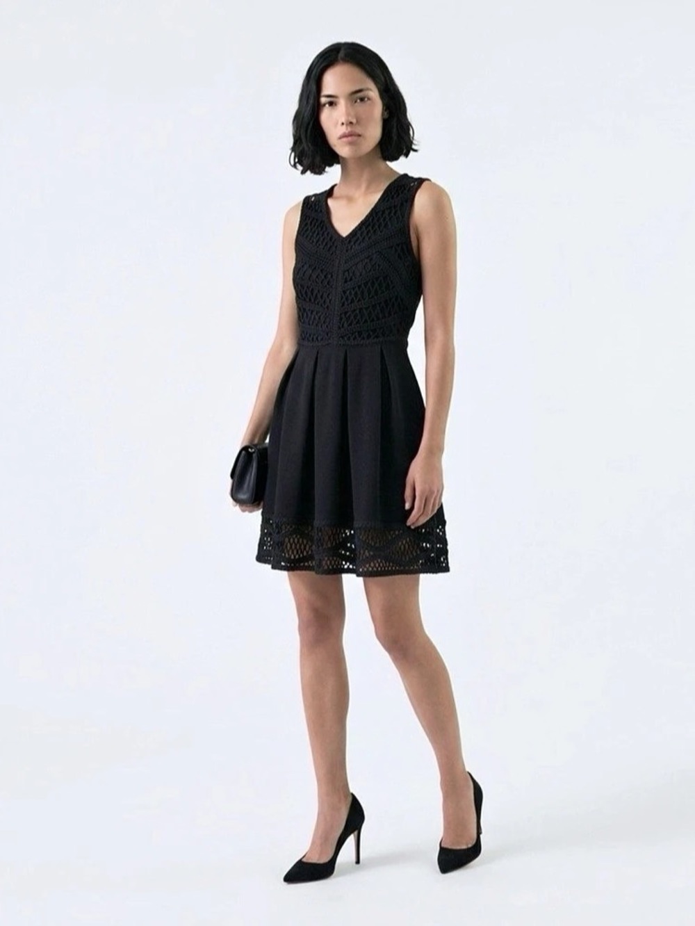 Maje Short Knit Skater Dress with Crochet Panels Black Size 1